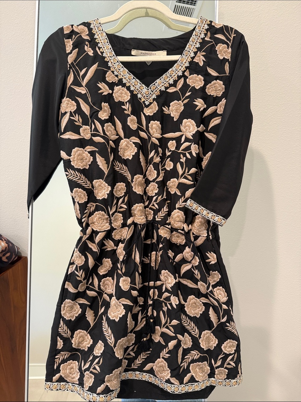 Papermoon Black Tunic with Beige Floral Embroidery and V-Neck